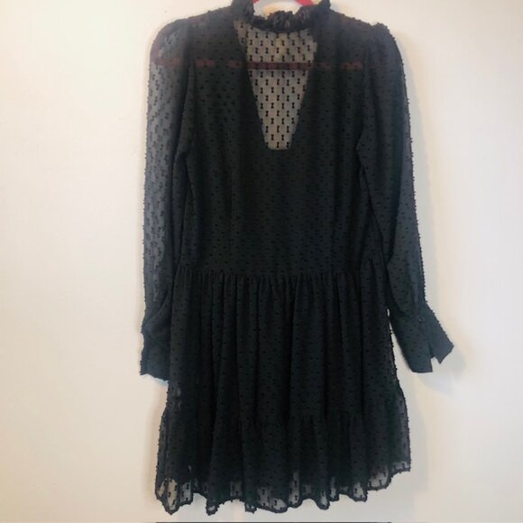 H&M Babydoll Dress SIZE 2 Black Sheer Swiss Dot Ruffle Collar Tie Neck T… - Picture 5 of 11